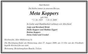 Traueranzeige von Meta Koppers von ALLGEMEINE ZEITUNG UELZEN