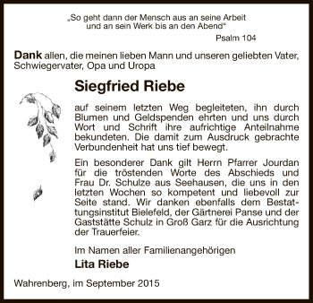 Traueranzeige von Siegfried Riebe von Uelzen