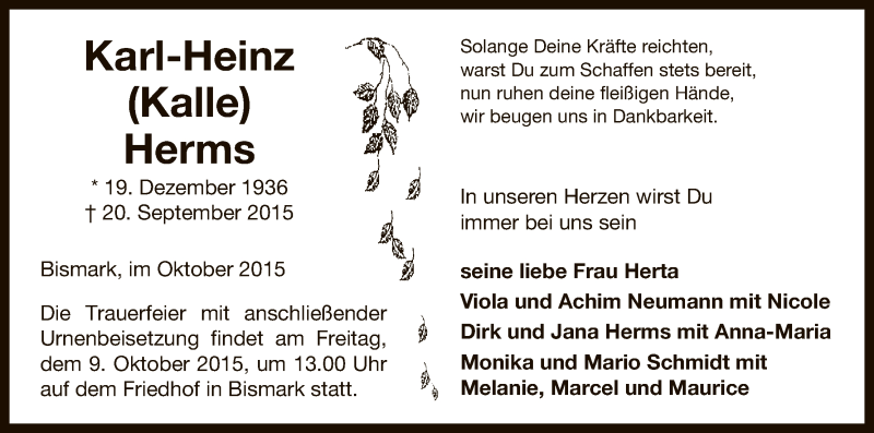  Traueranzeige für Karl-Heinz Herms vom 02.10.2015 aus Uelzen