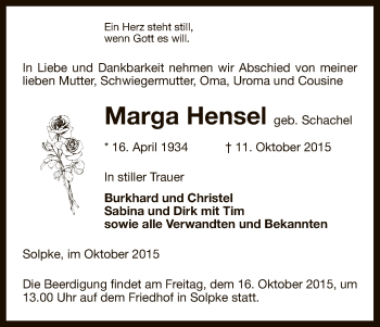 Traueranzeige von Marga Hensel von Uelzen