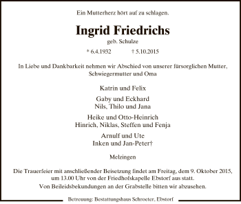 Traueranzeige von Ingrid Friedrichs von Uelzen