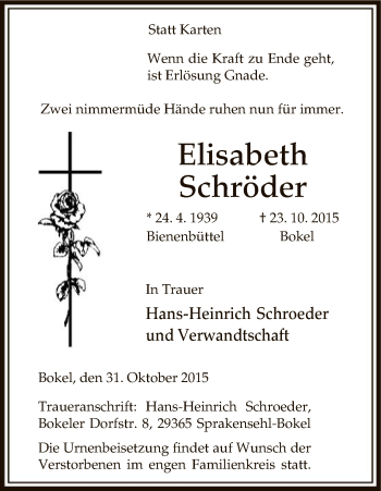 Traueranzeige von Elisabeth Schröder von Uelzen