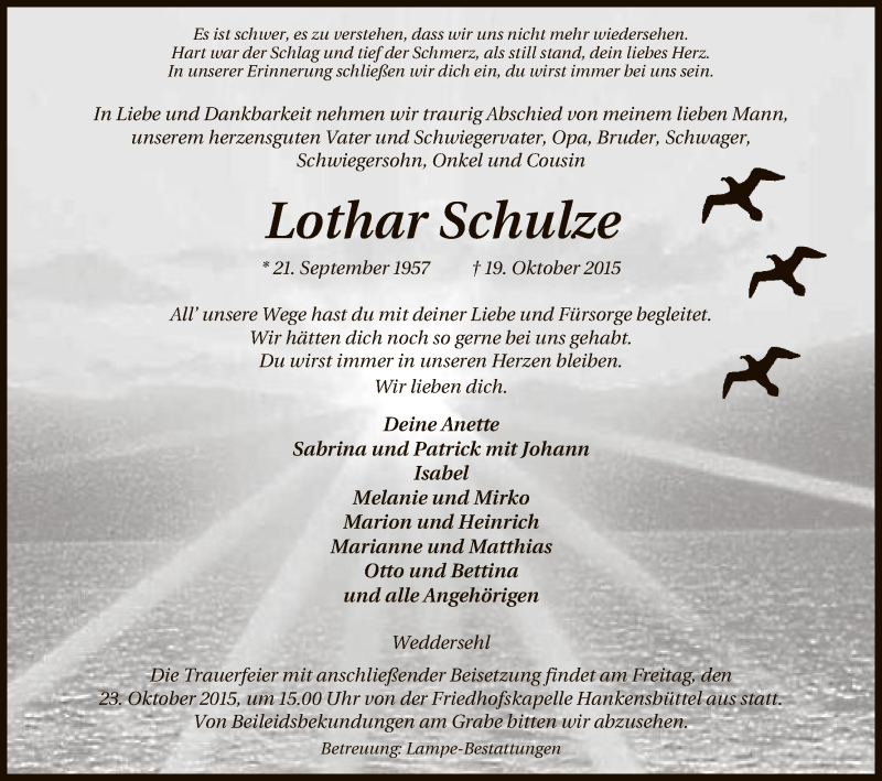  Traueranzeige für Lothar Schulze vom 21.10.2015 aus Uelzen