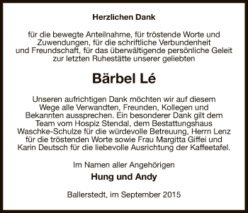 Traueranzeige von Bärbel Lé von Uelzen