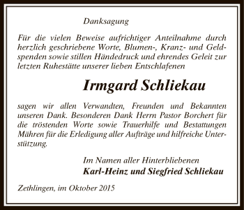 Traueranzeige von Irmgard Schliekau von Uelzen