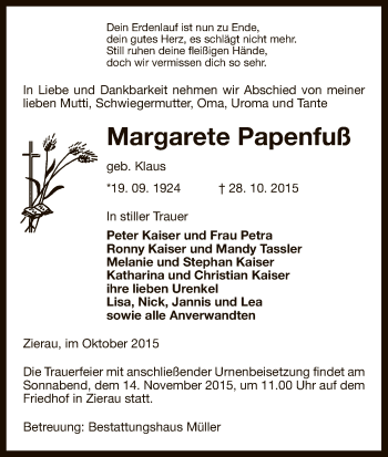 Traueranzeige von Margerete Papenfuß von Uelzen