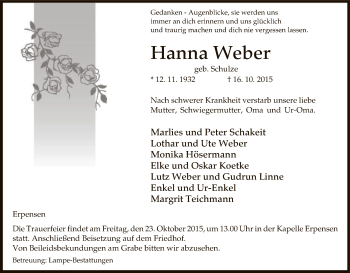 Traueranzeige von Hanna Weber von Uelzen