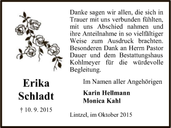 Traueranzeige von Erika Schladt von Uelzen