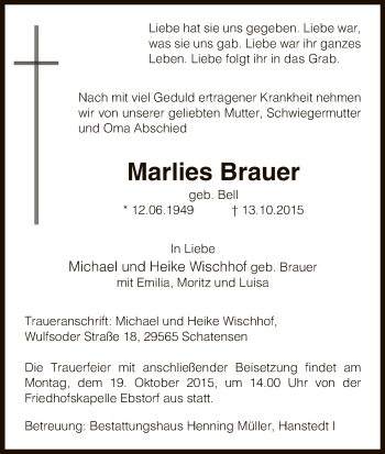 Traueranzeige von Marlies Brauer von Uelzen