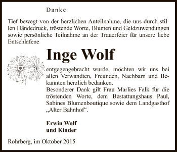 Traueranzeige von Inge Wolf von Uelzen