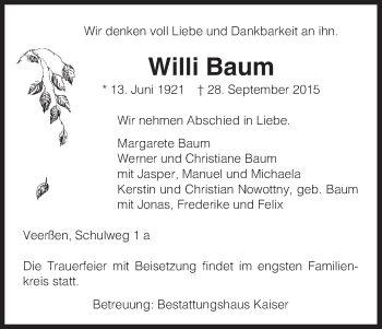 Traueranzeige von Willi Baum von Uelzen