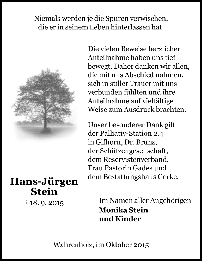  Traueranzeige für Hans-Jürgen Stein vom 24.10.2015 aus Uelzen