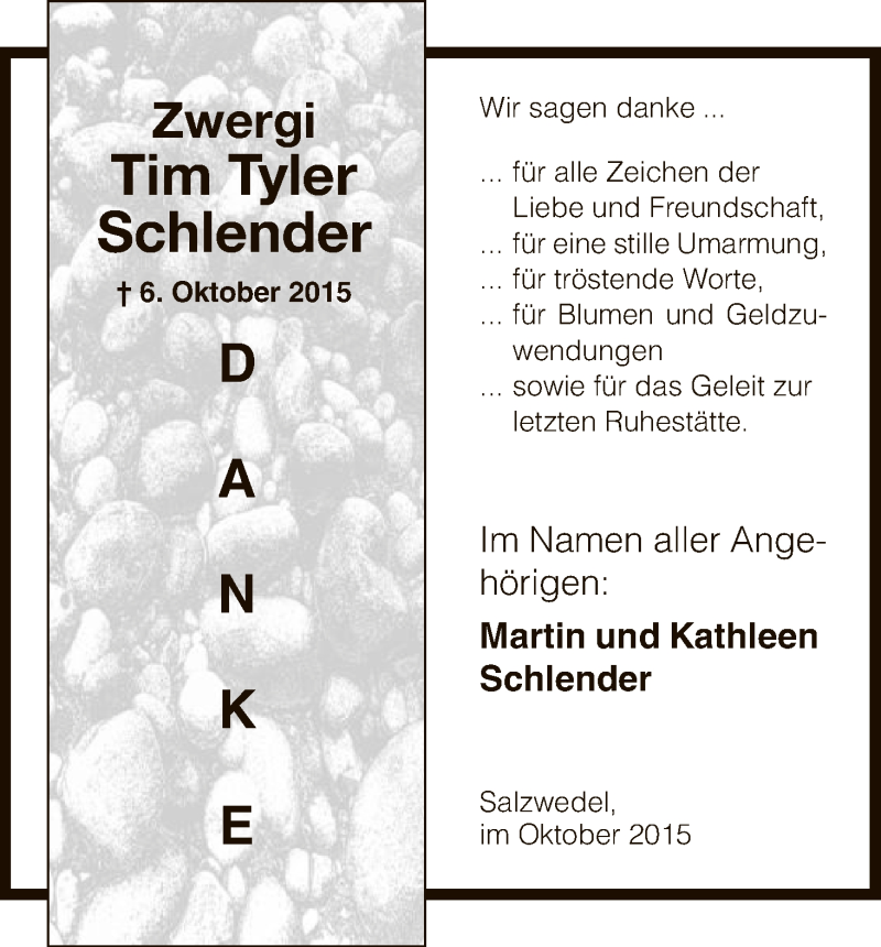  Traueranzeige für Tim Tyler Schlender vom 24.10.2015 aus Uelzen