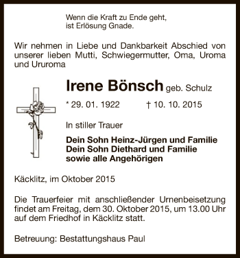 Traueranzeige von Irene Bönsch von Uelzen