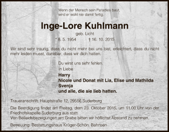 Traueranzeige von Inge-Lore Kuhlmann von Uelzen