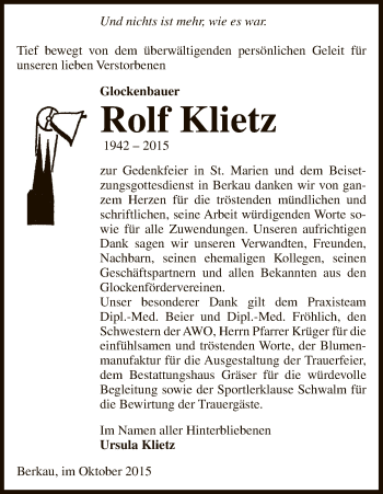 Traueranzeige von Rolf Klietz von Uelzen