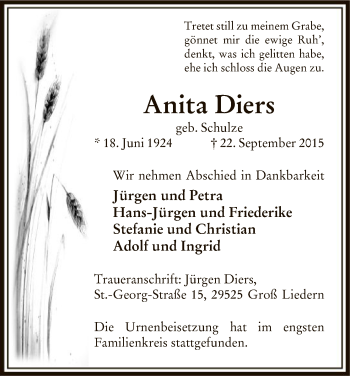 Traueranzeige von Anita Diers von Uelzen