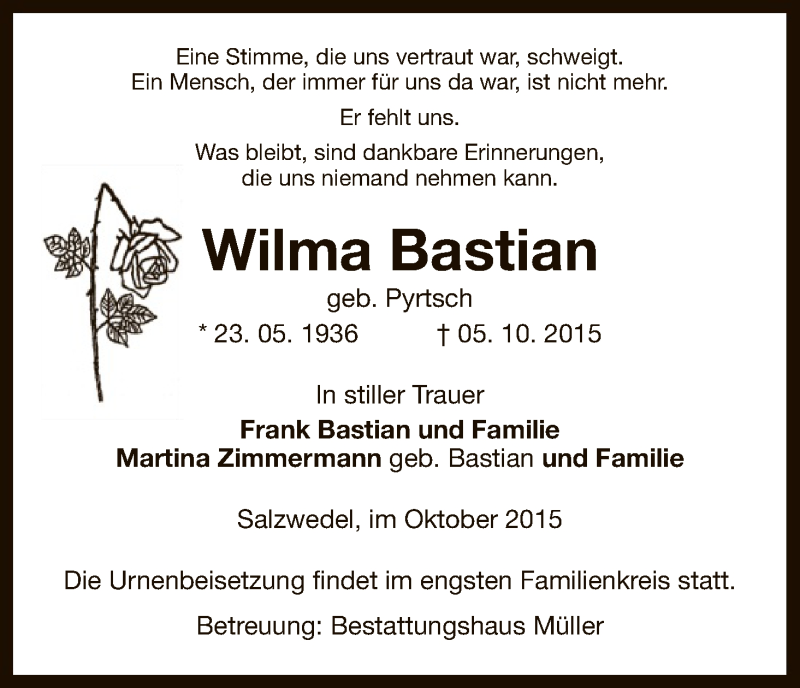  Traueranzeige für Wilma Bastian vom 07.10.2015 aus Uelzen