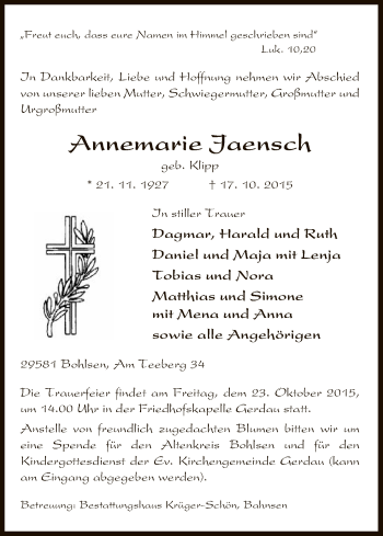 Traueranzeige von Annemarie Jaensch von Uelzen