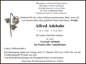 Traueranzeige von Alfred Adebahr von Uelzen