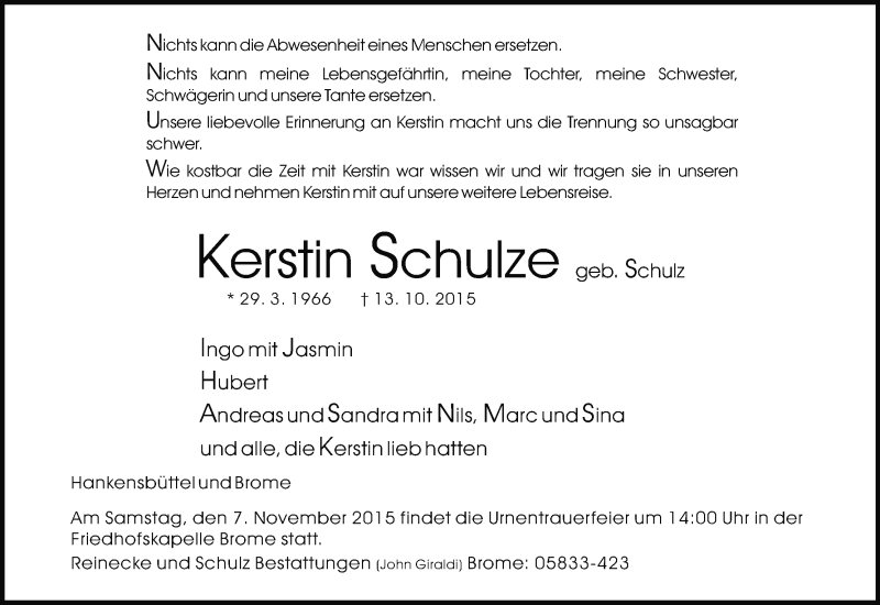  Traueranzeige für Kerstin Schulze vom 24.10.2015 aus Uelzen