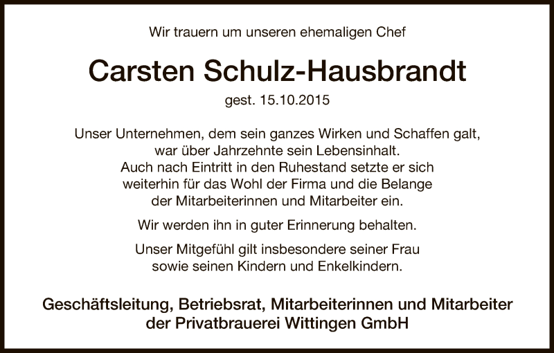  Traueranzeige für Carsten Schulz-Hausbrandt vom 22.10.2015 aus Uelzen