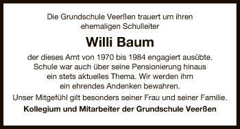 Traueranzeige von Willi Baum von Uelzen