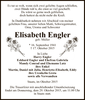 Traueranzeige von Elisabeth Engler von Uelzen