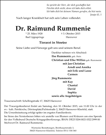 Traueranzeige von Raimund Rummenie von Uelzen