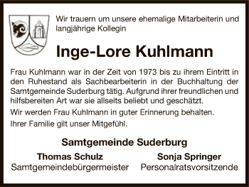 Traueranzeige von Inge-Lore Kuhlmann von Uelzen