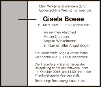 Traueranzeige von Gisela Boese von Uelzen