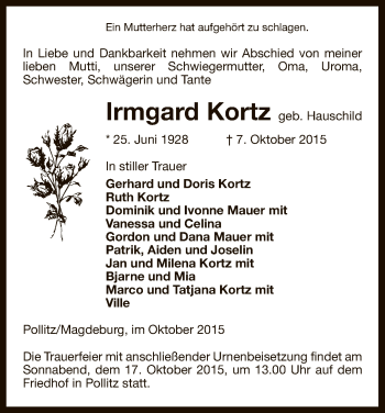 Traueranzeige von Irmgard Körtz von Uelzen