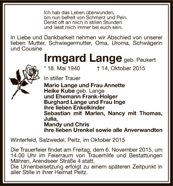 Traueranzeige von Irmgard Lange von Uelzen