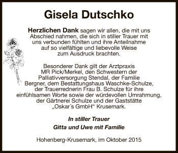 Traueranzeige von Gisela Dutschko von Uelzen