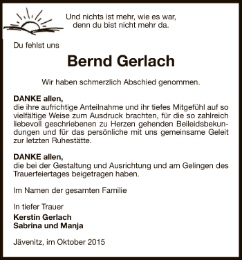 Traueranzeige von Bernd Gerlach von Uelzen