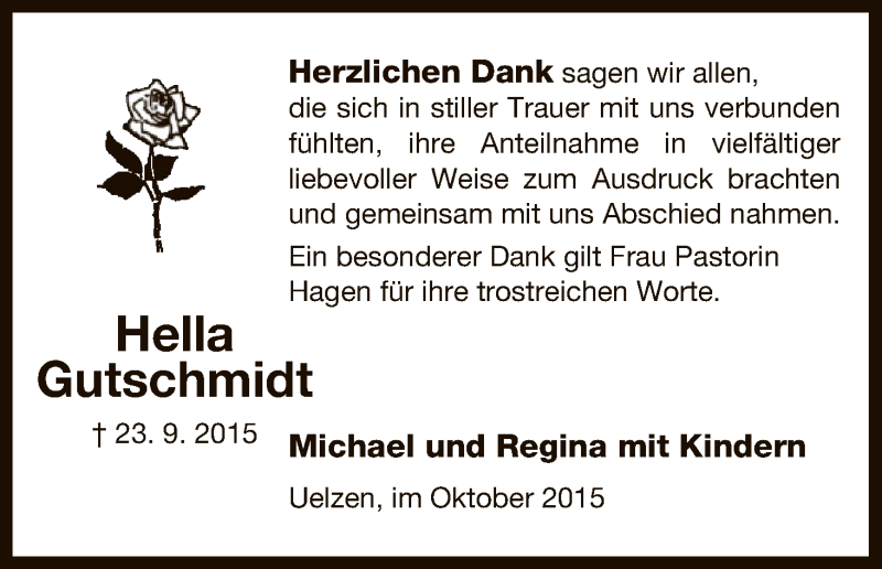  Traueranzeige für Hella Gutschmidt vom 24.10.2015 aus Uelzen