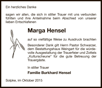 Traueranzeige von Marga Hensel von Uelzen