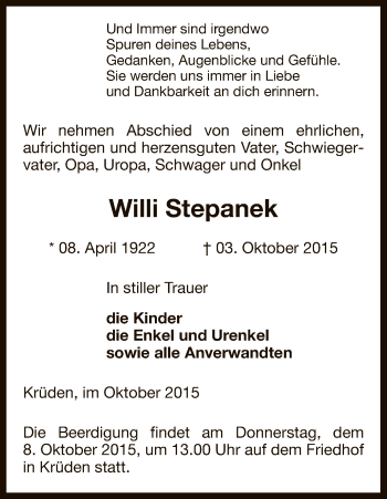 Traueranzeige von Willi Stepanek von Uelzen