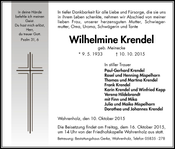 Traueranzeige von Wilhelmine Krendel von Uelzen