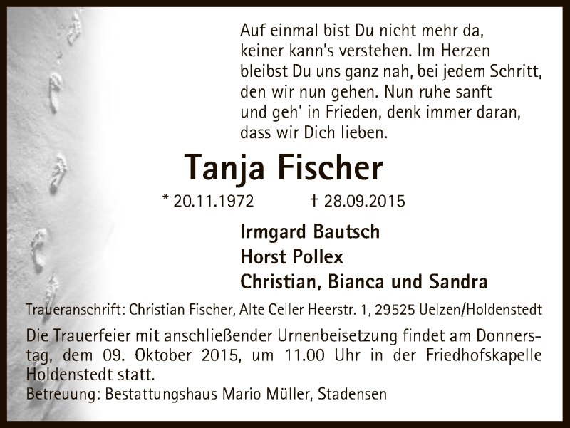  Traueranzeige für Tanja Fischer vom 06.10.2015 aus Uelzen