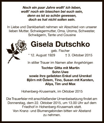 Traueranzeige von Gisela Dutschko von Uelzen