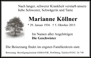 Traueranzeige von Marianne Köllner von Uelzen