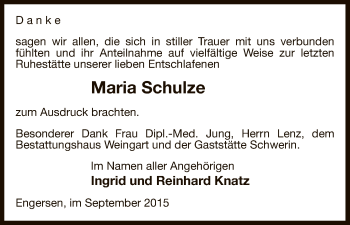 Traueranzeige von Maria Schulze von Uelzen