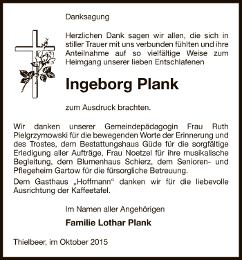 Traueranzeige von Ingeborg Plank von Uelzen