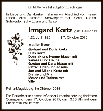 Traueranzeige von Irmgard Kortz von Uelzen