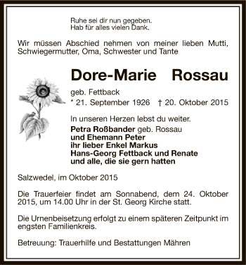 Traueranzeige von Dore-Marie Rossau von Uelzen