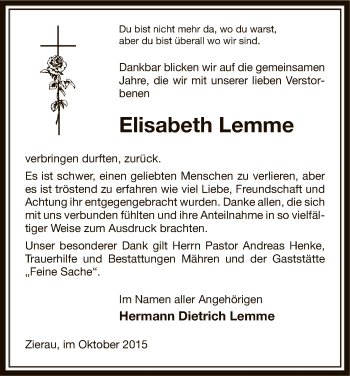 Traueranzeige von Elisabeth Lemme von Uelzen