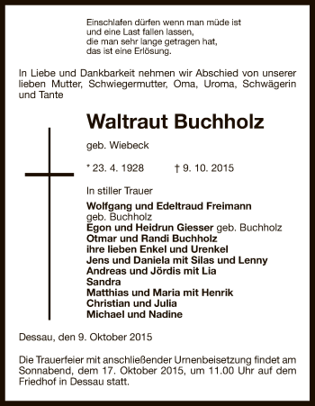 Traueranzeige von Waltraut Buchholz von Uelzen