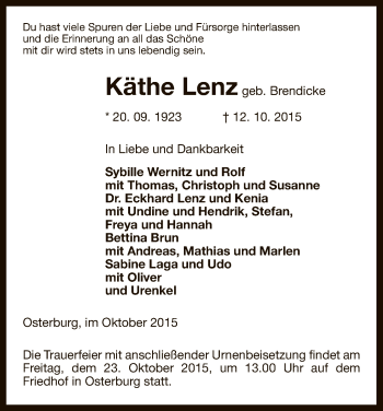 Traueranzeige von Käthe Lenz von Uelzen