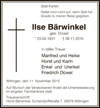 Traueranzeige von Ilse Bärwinkel von Uelzen